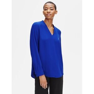 Eileen Fisher Silk Georgette Crepe V Neck Blouse PS Blue Quiet Luxury